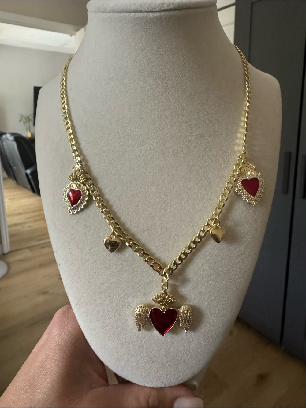 Gold Tone Necklace with Red Heart Charms by